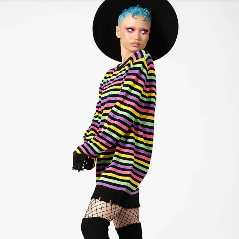 Killstar Rainbow Warrior Striped Knit Jumper Sweater Distressed Hem & Cuffs MD